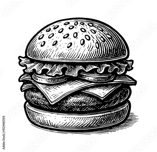 Classic Burger with Sesame Seed Bun, Cheese, Lettuce, Tomato, and Beef Patty Close Up