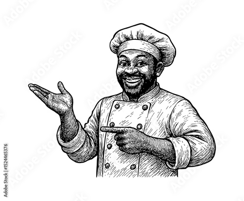 Illustration of happy chef holding a pan and spatula ready to cook with smile
