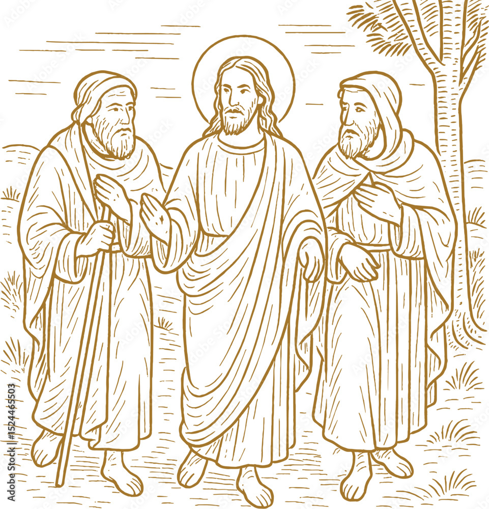 Fototapeta premium On the Road to Emmaus - golden vector illustration Encounter on the road to Emmaus. Jesus and two disciples on the road to Emmaus