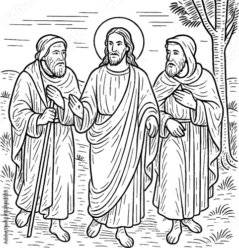 On the Road to Emmaus - black vector illustration Encounter on the road to Emmaus. Jesus and two disciples on the road to Emmaus