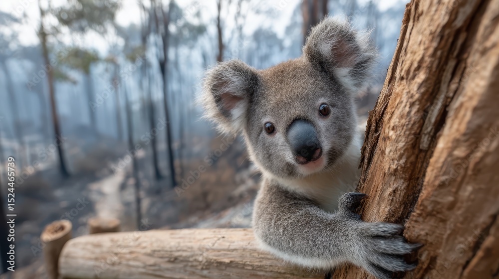 Fototapeta premium In a burnt forest, a koala clings to a log, visually demonstrating its survival instinct and the challenges wildlife face in the aftermath of environmental disasters like wildfires.