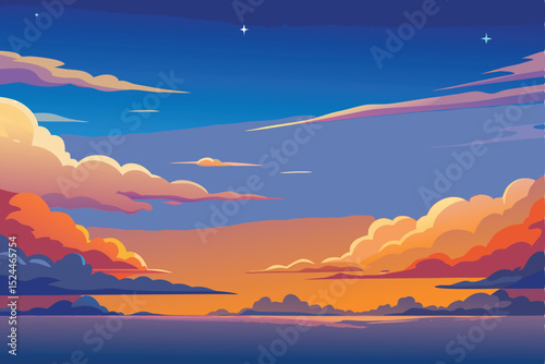 Vector illustration of a sunset over the sea, clouds and sky.