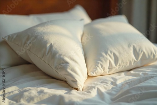 Close-up of two pillows nestled together on a bed, exhibiting gentle wear and subtle signs of use, suggesting intimacy and comfortable rest Soft lighting casts a warm glow , bed, comfort, closeness