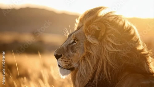 Majestic lion in golden light with a flowing mane gazes peacefully across the grassy African savannah during a vibrant sunset