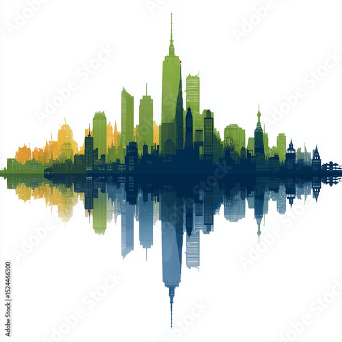 Minimalist vector illustration of a city skyline with reflection  