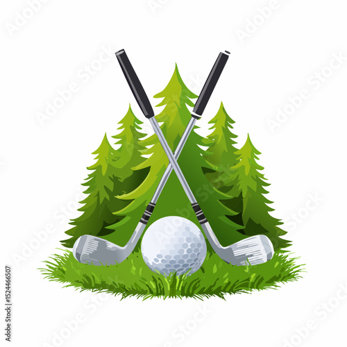 Golf Ball and Crossed Golf Clubs on Grass in a Forest Background