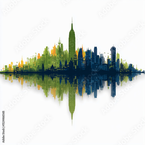 Minimalist city skyline illustration with reflection and greenery  