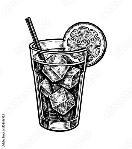 Refreshing Iced Tea Drink in a Glass with Ice Cubes and Lemon Slice on a Sunny Day