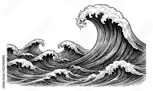 Great Wave off Kanagawa Japanese Woodblock Print with Ocean Waves in Traditional Style