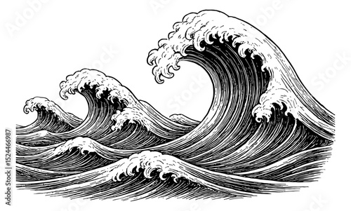 Great Wave off Kanagawa Japan Seascape with Ocean Wave and Mount Fuji in Ukiyo-e Style Illustration