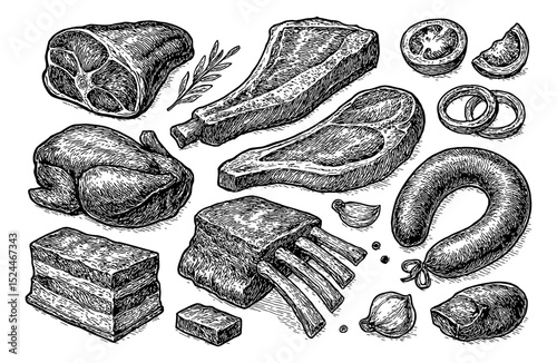 Raw Meats Assortment Displayed on Dark Surface Ready for Cooking