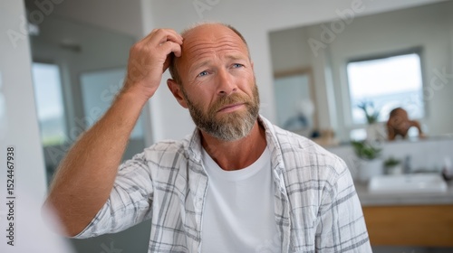 In a stylish washroom, a man with a beard tenderly examines his scalp, showing a moment of concern for his appearance while surrounded by an aura of self-care and elegance.