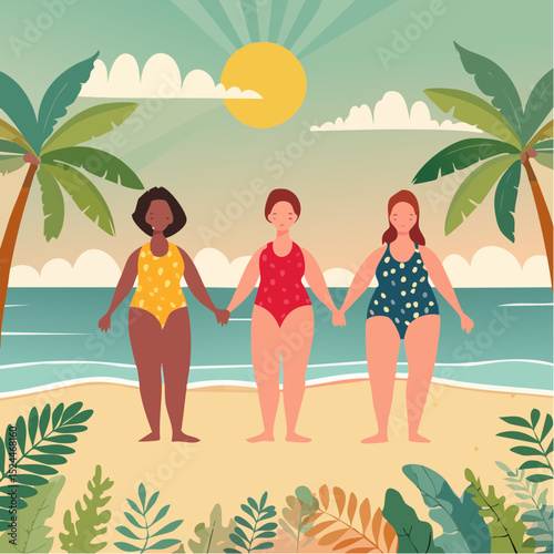 Diverse Body Positive Women Holding Hands in Summer Swuimsuits