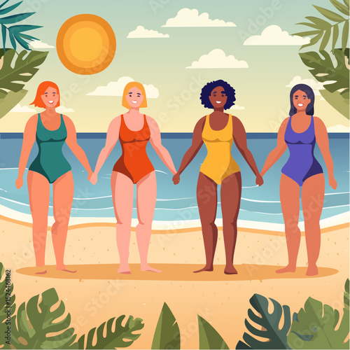 Diverse Body Positive Women Holding Hands in Summer Swuimsuits