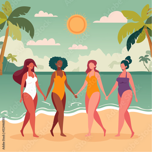 Diverse Body Positive Women Holding Hands in Summer Swuimsuits