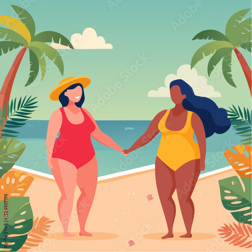 Diverse Body Positive Women Holding Hands in Summer Swuimsuits