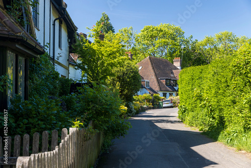 Canvas Print London, UK, 5 May 2025, A narrow road winding through a village with traditional houses and lush greenery
