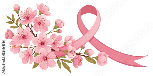 Breast Cancer Awareness Month banner, with pink ribbon and flowers elements background