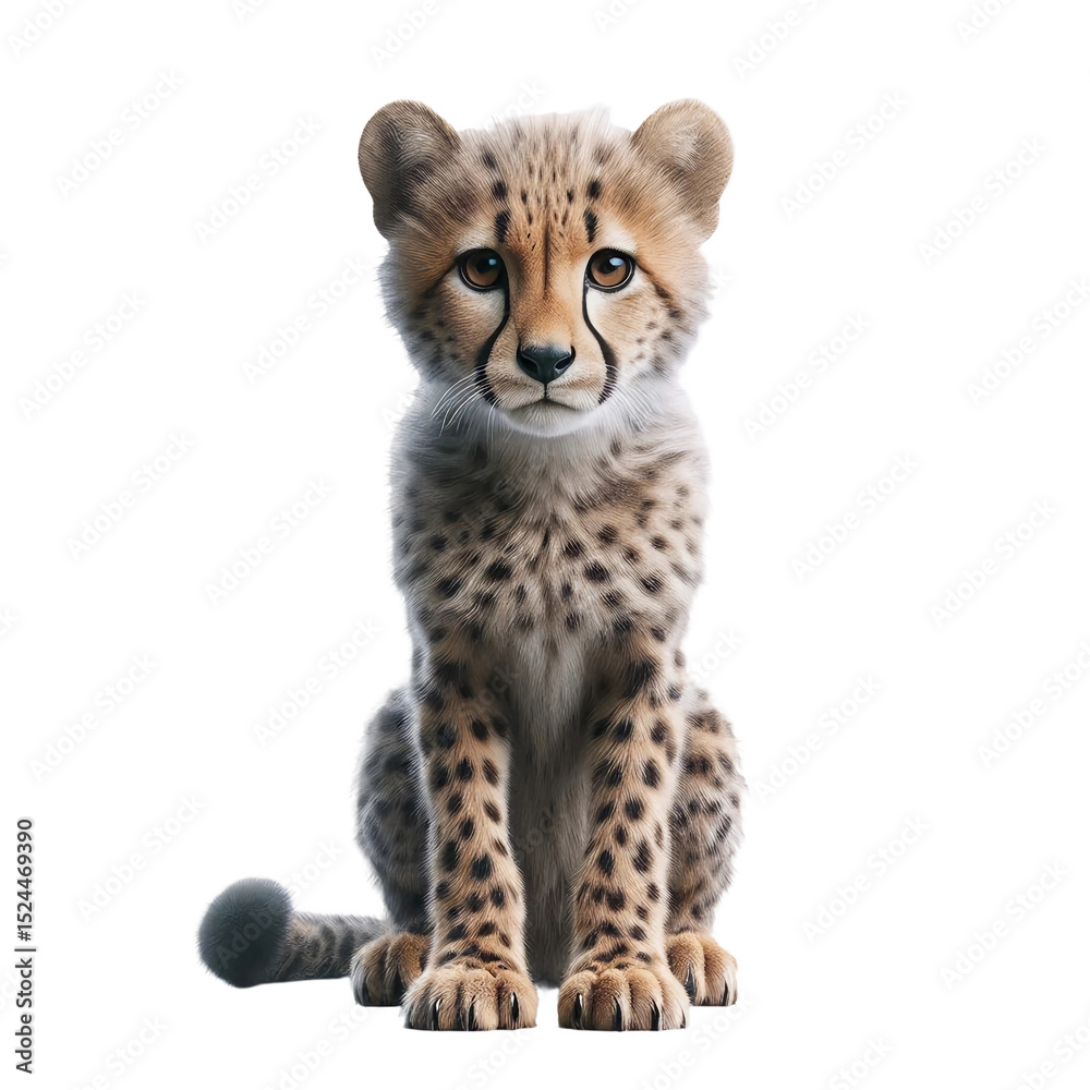 Obraz premium A young cheetah, with vibrant eyes and unique spots, sits attentively. The animal displays an inquisitive demeanor, showcasing its charm in a simple studio background
