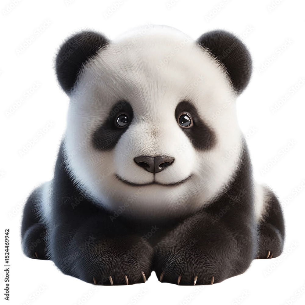Naklejka premium A small panda cub sits contentedly, surrounded by soft textures. With its big, expressive eyes and fluffy fur, it radiates joy and curiosity. The cozy atmosphere enhances its charm