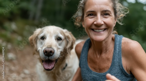 A smiling woman enjoys jogging with her golden retriever in a picturesque forest setting, illustrating the joy of companionship and physical activity in nature.