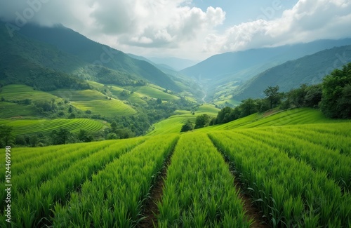 Aerial view of terraced rice fields. Lush green farm crops grow in mountain valley under clouds. Rural eco landscape with green rice fields. Agriculture, food production, eco farming, harvest.