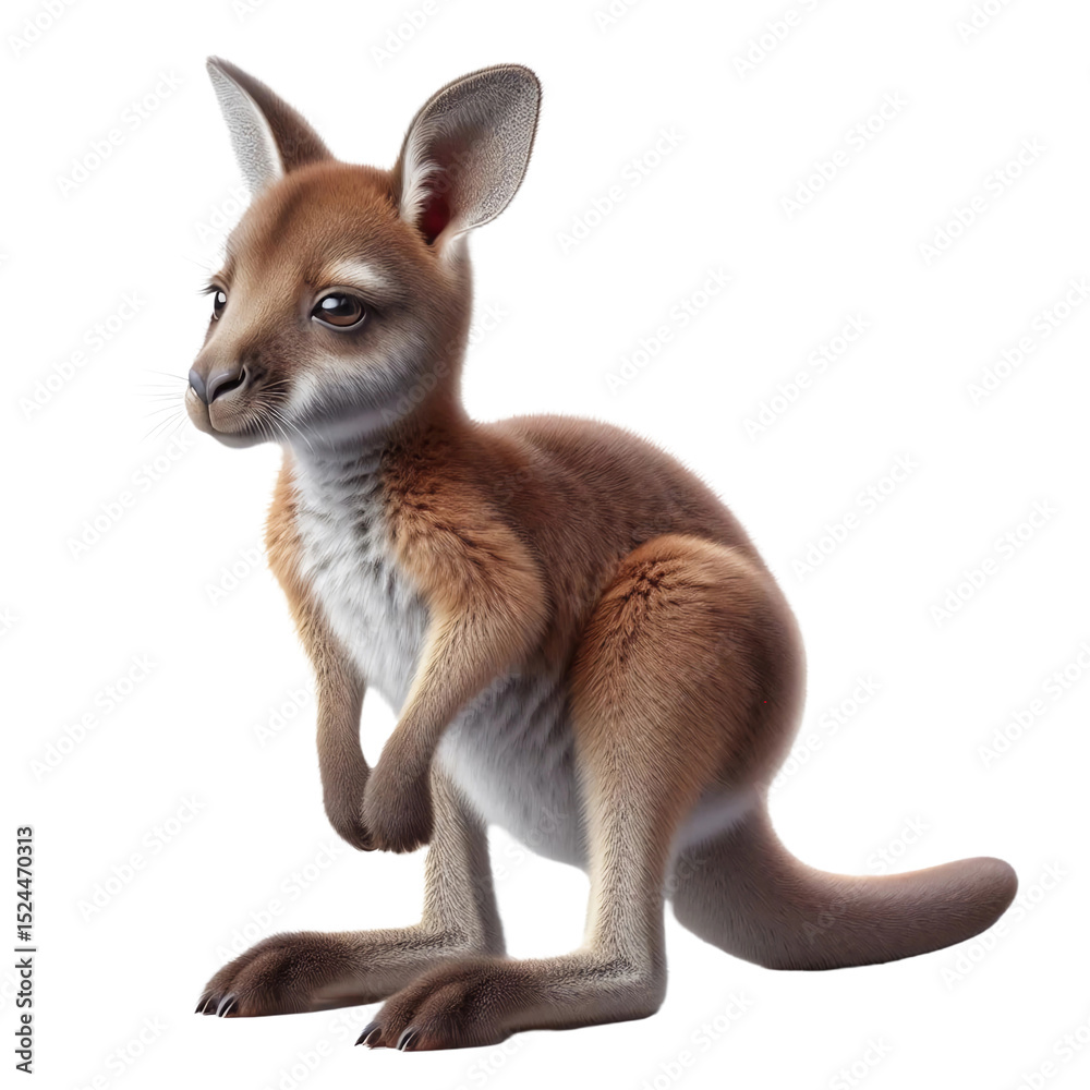 Obraz premium A young kangaroo is standing upright, showcasing its soft fur and curious eyes. The animal appears playful and approachable, set against a simple background