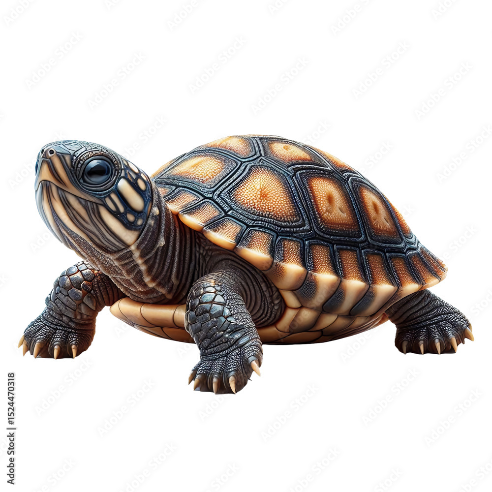 Fototapeta premium A turtle is seen resting on a sandy surface, showcasing its unique shell patterns and colors. The natural light highlights its textured skin and lively eyes in a serene environment