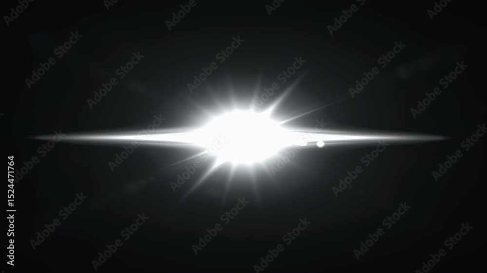 Bright horizontal lens flare effect on black background. Optical light flash overlay animation for film and video.
