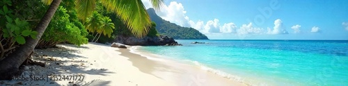 Sun-drenched white sand beach in Tahiti, turquoise water laps gently at the shore, lush tropical foliage provides shade Perfect for relaxation and escape , clear water, tropical