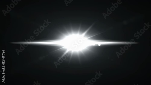 Bright horizontal lens flare effect on black background. Optical light flash overlay animation for film and video.