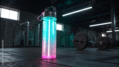 Bunte Wasserflasche auf dem Boden eines modernen Fitnesscenters