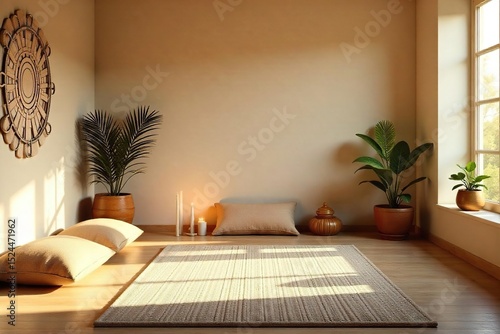 Serene meditation room bathed in soft sunlight, featuring comfortable cushions, calming d?cor, and ambient lighting for a peaceful atmosphere , yoga, spiritual journey, yoga retreat