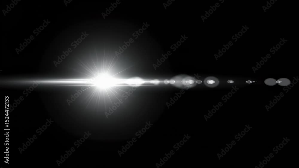 Bright lens flare with light rays on black background. Optical light effect for overlay and visual design footage.
