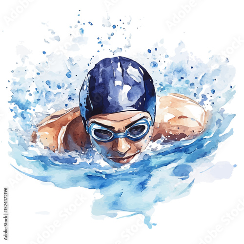 watercolor vector of Swimming, high quality, isolated on a white background.