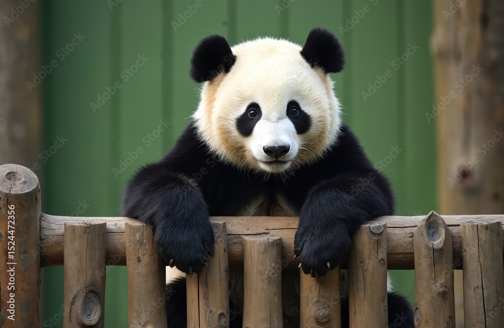 Obraz premium Cute giant panda bear looks from wooden fence. Black and white fur, sweet face. Adorable mammal is a popular zoo animal, native to China. Panda is a unique, endangered species, loved by people.