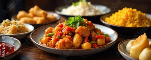 A delicious spread of Chinese takeout food on a table, including sweet and sour chicken, spring rolls, fried rice, and dumplings, ready for a satisfying supper , noodle, chicken