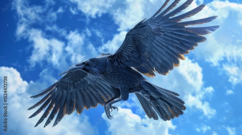 Obraz premium Young Common Raven hovers high in blue sky with stretched wings and tail