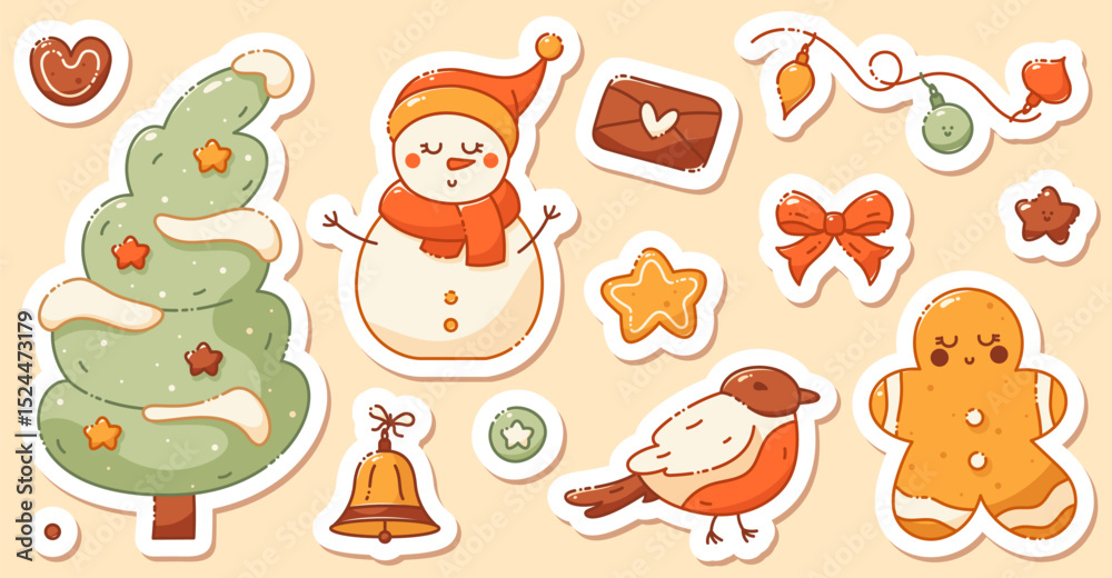 Obraz premium A set of stickers on a Christmas theme. Includes a cute snowman, xmas tree, bird, star, cookie, bell, envelope with a heart.