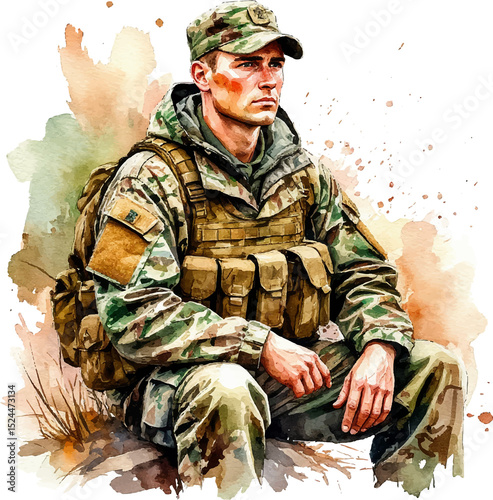 Man in military uniform.Special Operations Forces Watercolor Painting.Soldier sitting relaxing in nature.Male drawing in camouflage uniform tactical bulletproof vest,army cap.Canvas wall art poster
