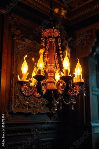 Intricate Victorian-era chandelier engulfed in flickering flames, casting dramatic shadows on ornate dark wood A scene of elegant destruction and fiery beauty , flame, fire