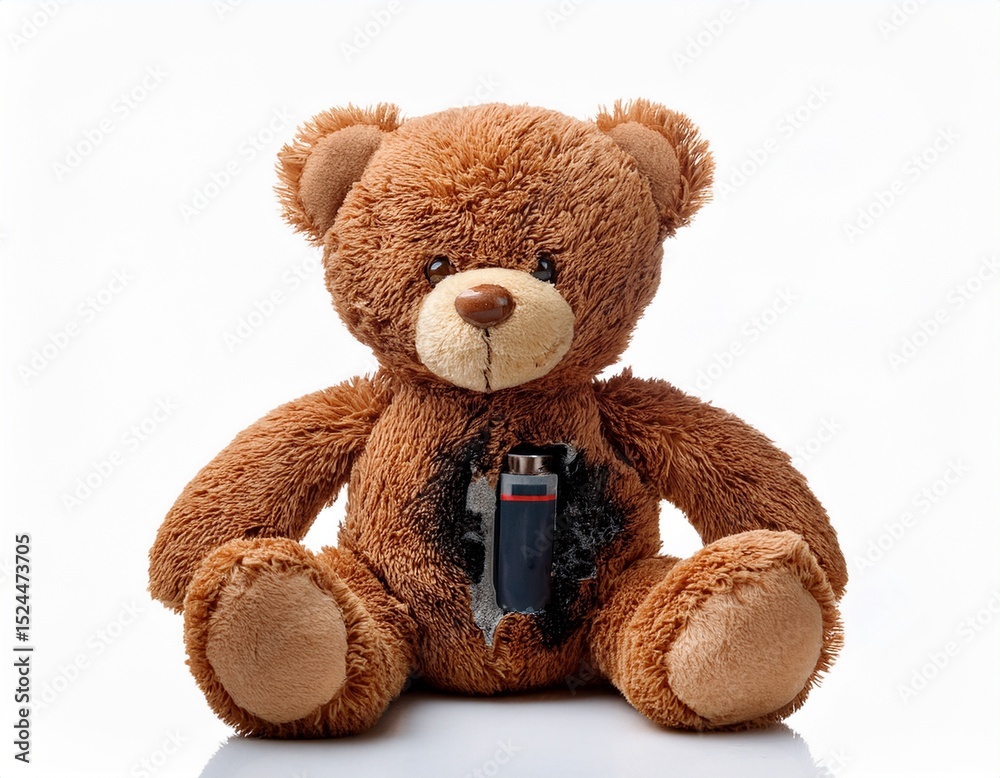 Fototapeta premium brown plush toy bear with battery burn damage isolated on white