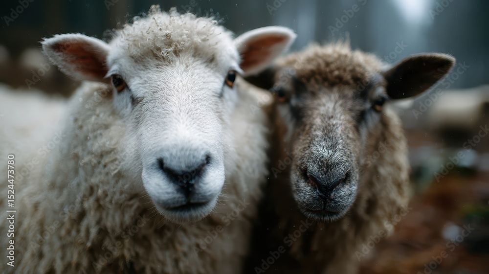Obraz premium A close-up photograph capturing two sheep standing side by side, showcasing their unique wool textures and distinct facial expressions in a rustic outdoor setting.