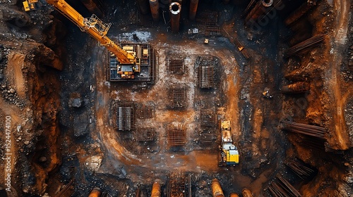 Construction site excavation overhead view