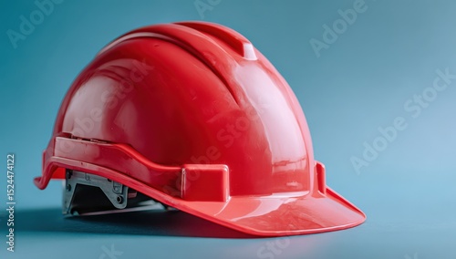 A 4K photo of photo of a red construction helmet on a blue background, with copy space for text or design. Web banner showing the front view of an industrial hard hat.
