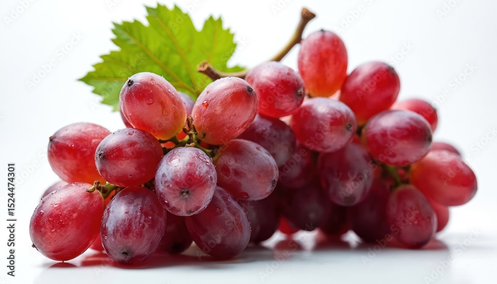 Fototapeta premium Close-up bunch ripe red grapes with leaf on white background. Fresh healthy organic fruit perfect for wine, juice, dessert, vegan, vegetarian diet. Summer harvest, rich vitamin source. Food