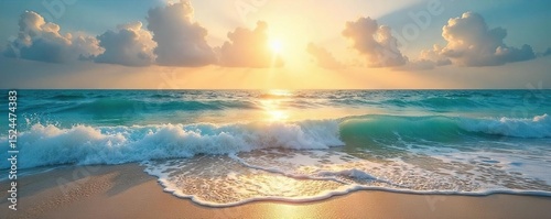 Serene ocean scene evokes feelings of joy and peace; sunlit waves gently lap the shore, a tranquil paradise Perfect for travel, relaxation, and well-being themes , sunshine, ocean view