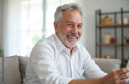 Wallpaper Mural Mature man video chats online at home. Caucasian male smiling with digital device. Happy adult uses modern tech, video call with family or friends. Communication. Leisure time. Torontodigital.ca