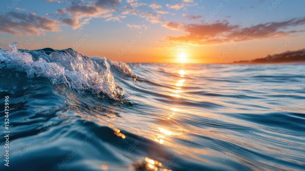Obraz premium A breathtaking sunset casts warm colors across rippling ocean waves, creating an awe-inspiring scene that captures the beauty and energy of nature's spectacles.
