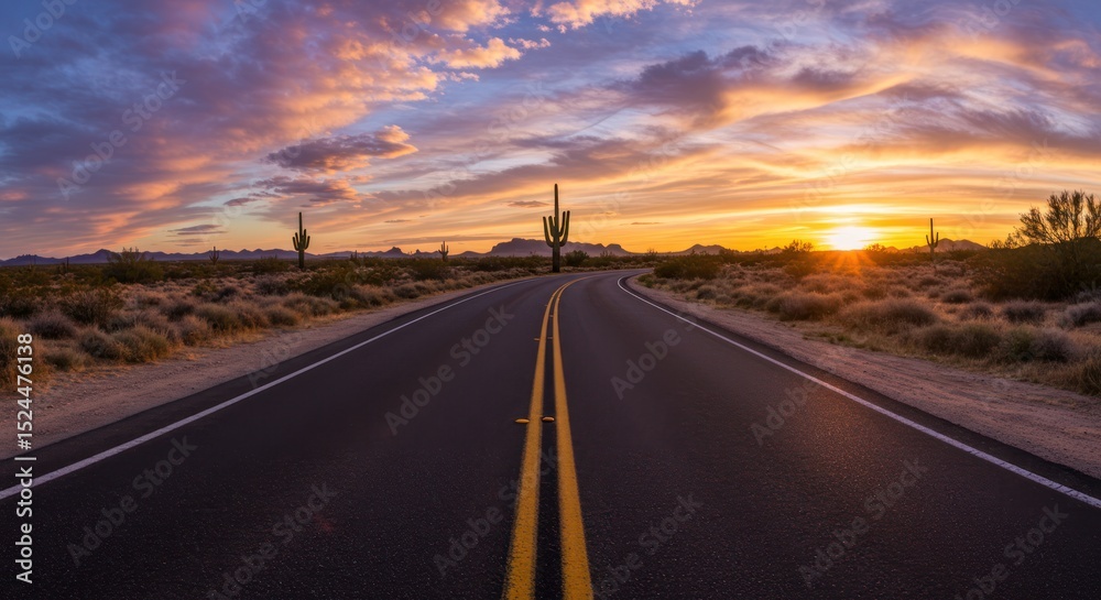 Fototapeta premium Sunset paints the desert sky as a highway winds through the Sonoran landscape, past majestic saguaro cacti.